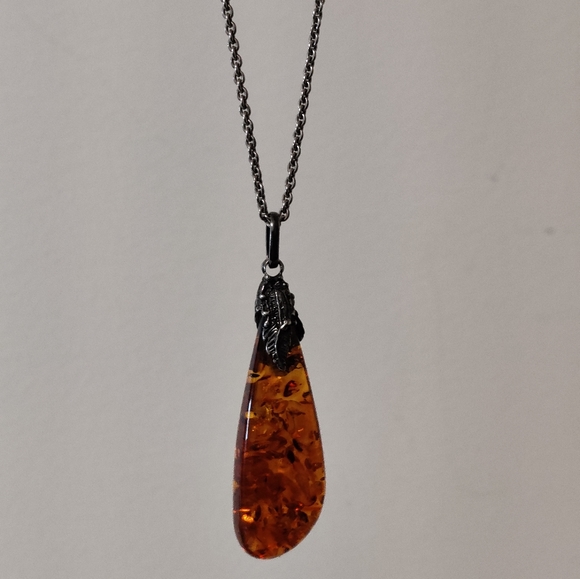 Art Nouveau Style Amber Pendant Silver Necklace - Picture 2 of 14